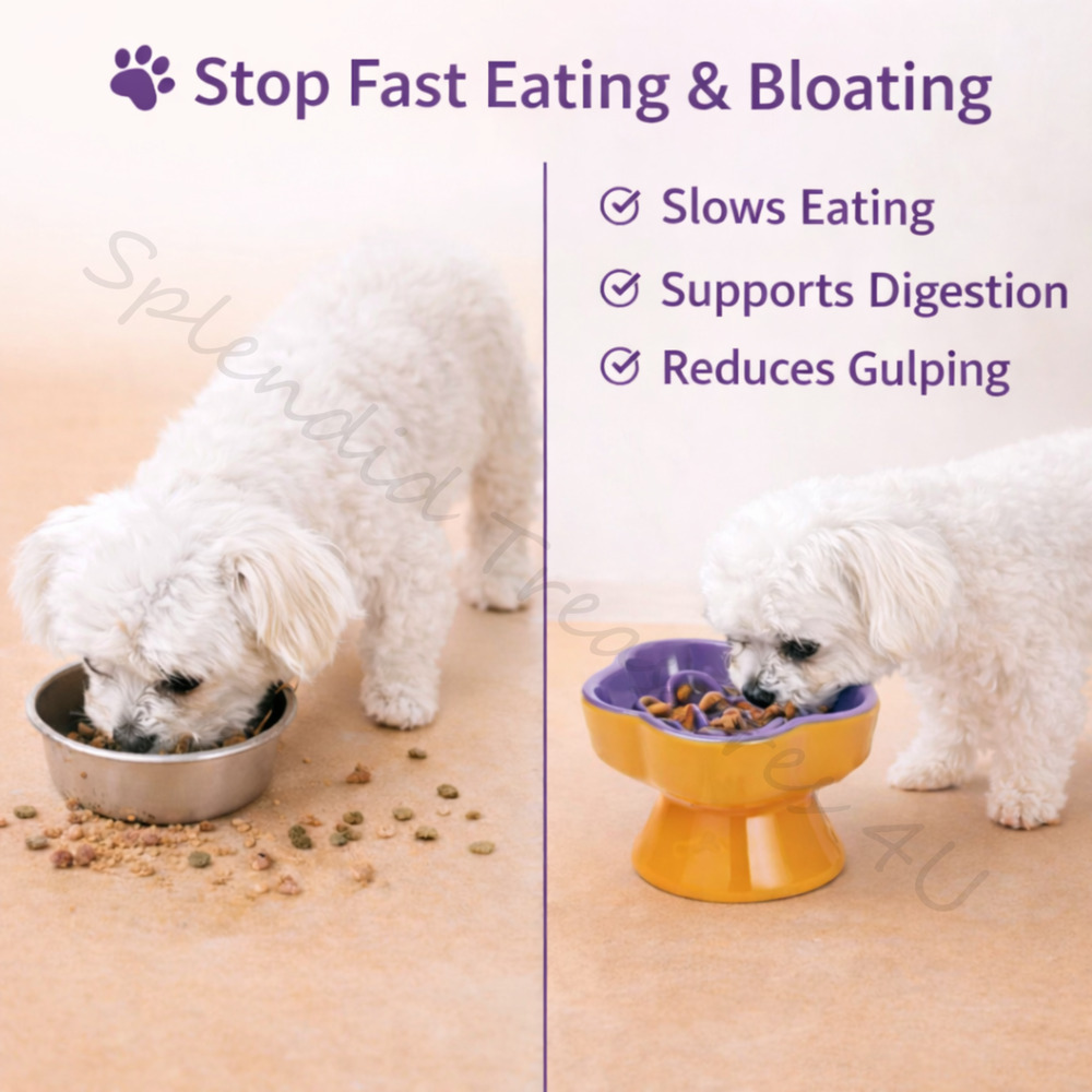 Raised Slow Feeder Dog Cat Food Bowl for Small Pets Purple Tilted Ceramic Dish - Picture 3 of 6